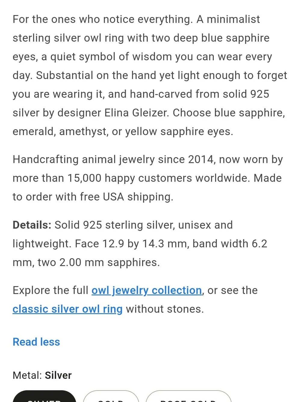 Owl Ring, Sterling Silver With Sapphire